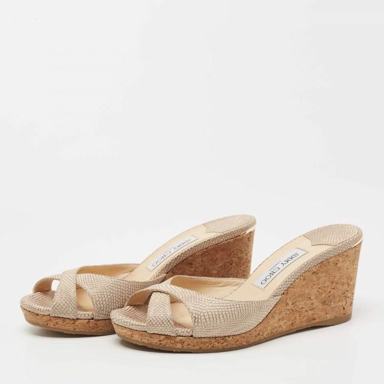 Pre Owned Jimmy Choo Beige Nubuck Leather Prima Cork Wedge Sandals Size 40