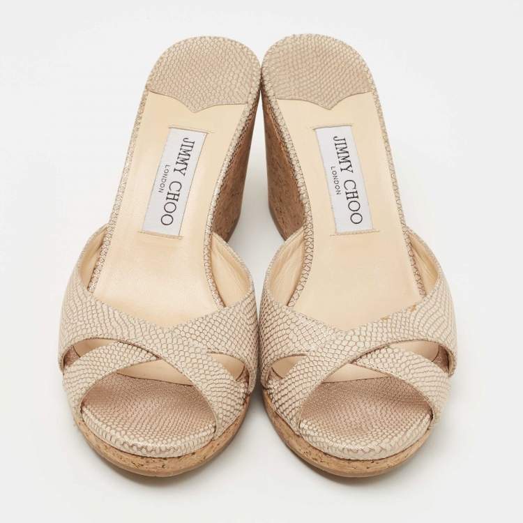 Pre Owned Jimmy Choo Beige Nubuck Leather Prima Cork Wedge Sandals Size 40