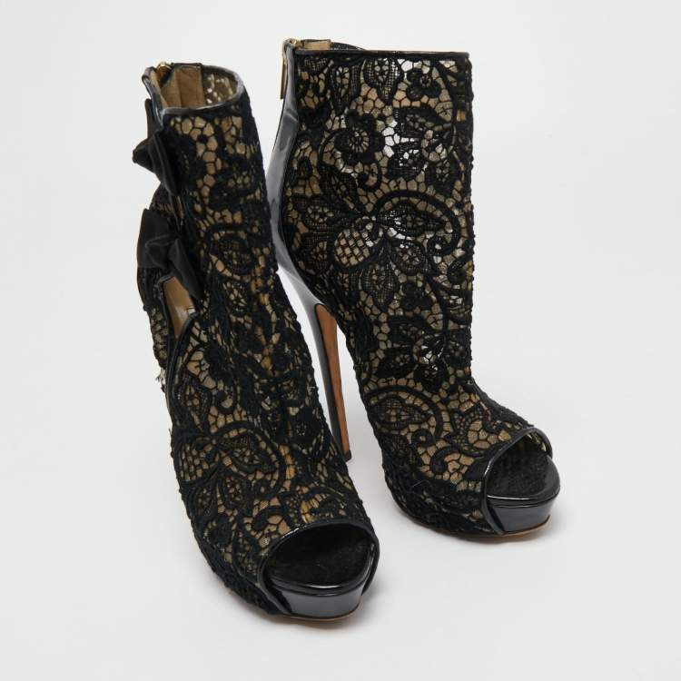 Pre Owned Jimmy Choo Black Lace and Patent Leather Bow Peep Toe Booties Size 38
