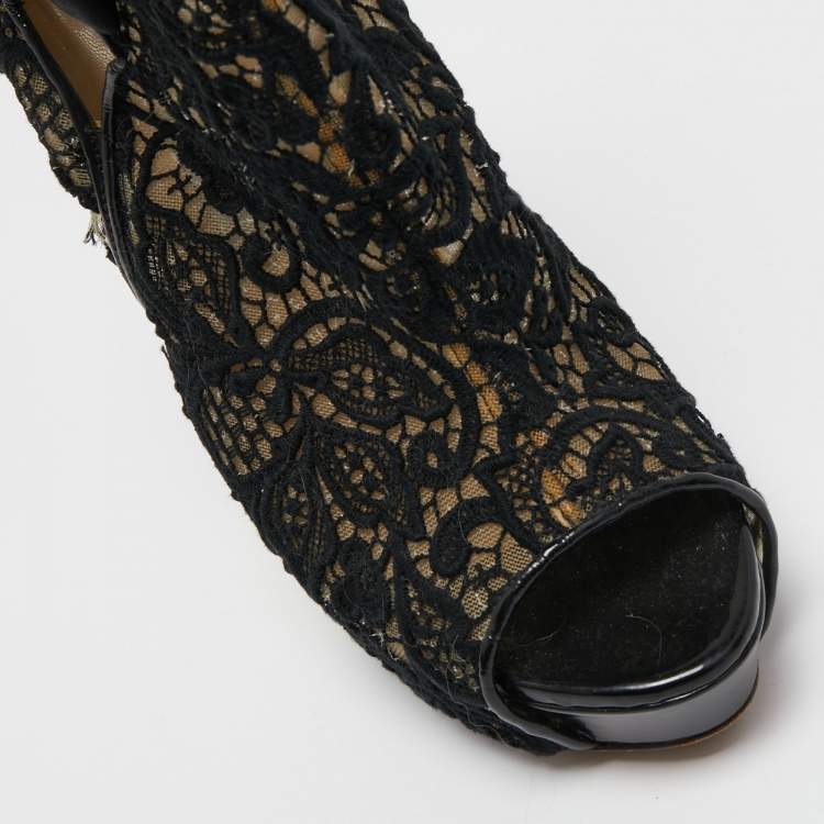 Pre Owned Jimmy Choo Black Lace and Patent Leather Bow Peep Toe Booties Size 38