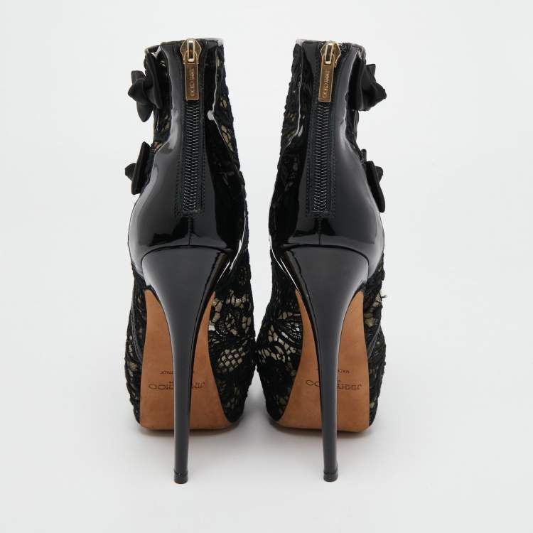 Pre Owned Jimmy Choo Black Lace and Patent Leather Bow Peep Toe Booties Size 38