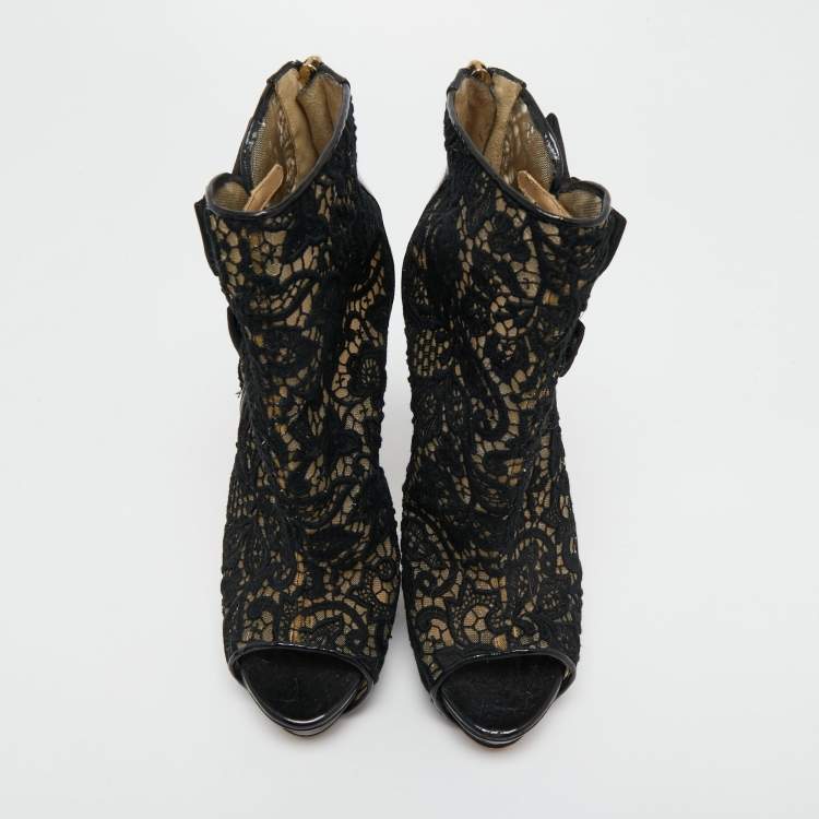 Pre Owned Jimmy Choo Black Lace and Patent Leather Bow Peep Toe Booties Size 38