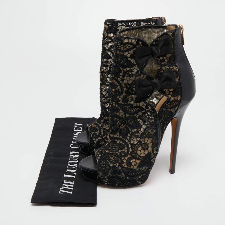Pre Owned Jimmy Choo Black Lace and Patent Leather Bow Peep Toe Booties Size 38