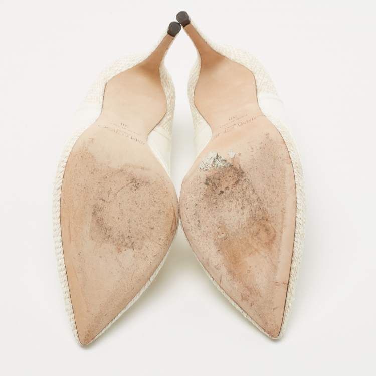 Pre Owned Jimmy Choo White Patent and Fabric Pointed Toe Pumps Size 38