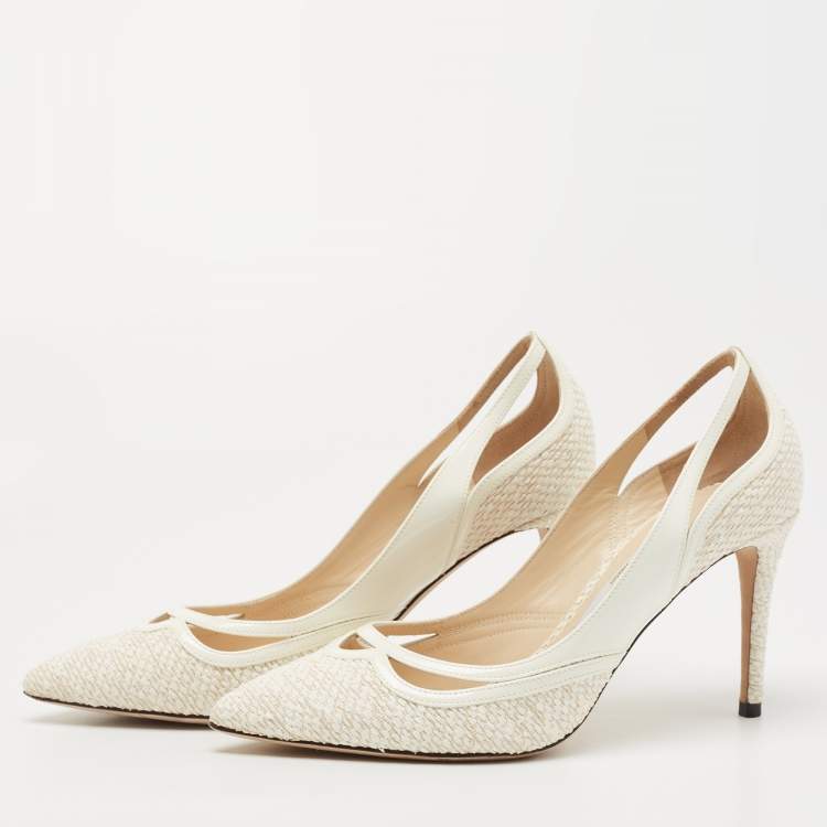 Pre Owned Jimmy Choo White Patent and Fabric Pointed Toe Pumps Size 38