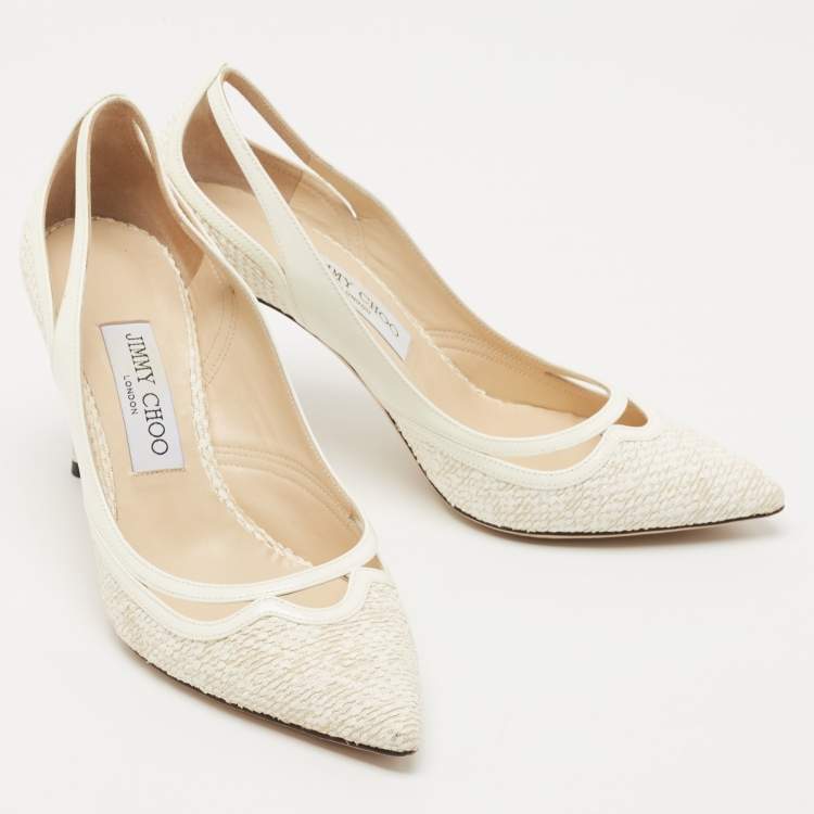 Pre Owned Jimmy Choo White Patent and Fabric Pointed Toe Pumps Size 38