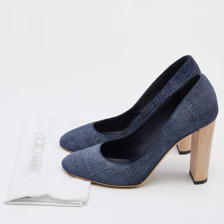 Pre Owned Jimmy Choo Navy Blue Printed Suede Laria Block Heel Pumps Size 38