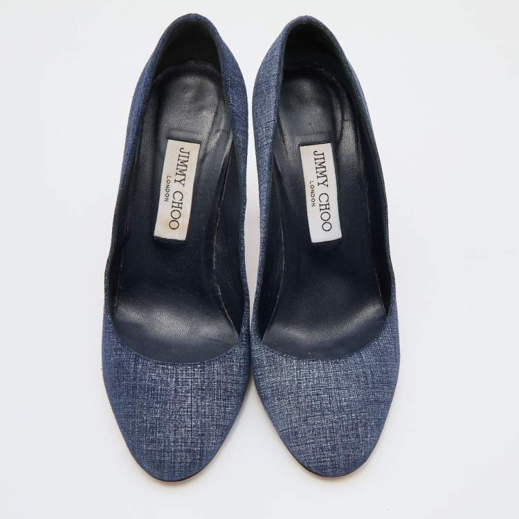 Pre Owned Jimmy Choo Navy Blue Printed Suede Laria Block Heel Pumps Size 38
