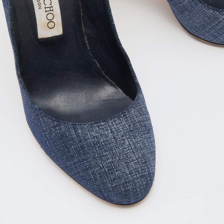 Pre Owned Jimmy Choo Navy Blue Printed Suede Laria Block Heel Pumps Size 38