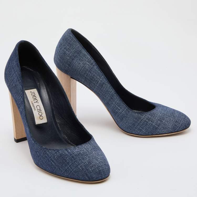 Pre Owned Jimmy Choo Navy Blue Printed Suede Laria Block Heel Pumps Size 38
