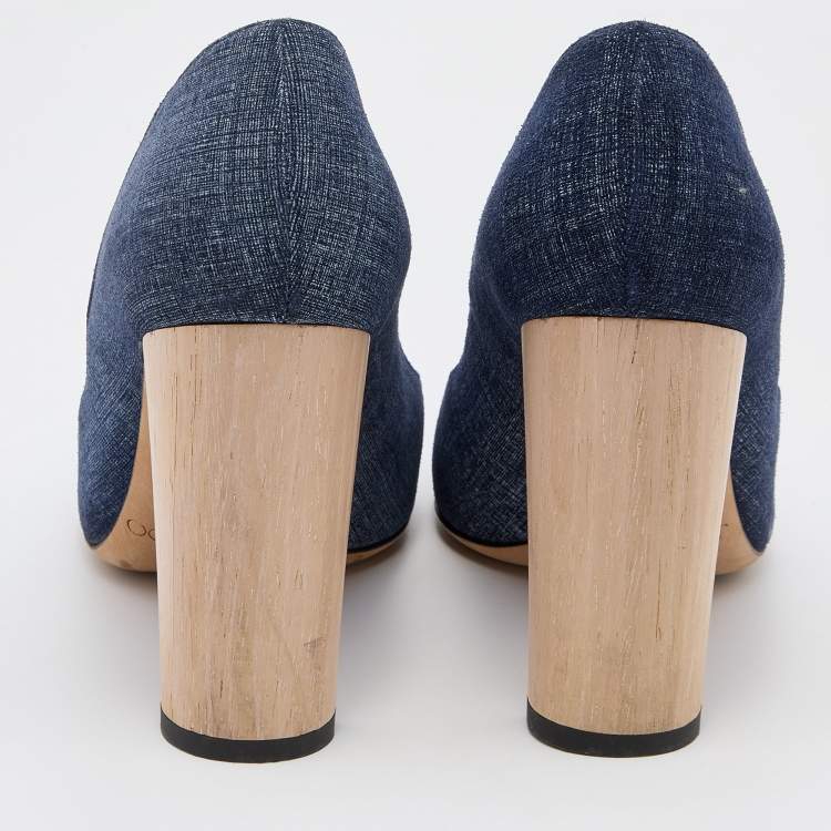 Pre Owned Jimmy Choo Navy Blue Printed Suede Laria Block Heel Pumps Size 38