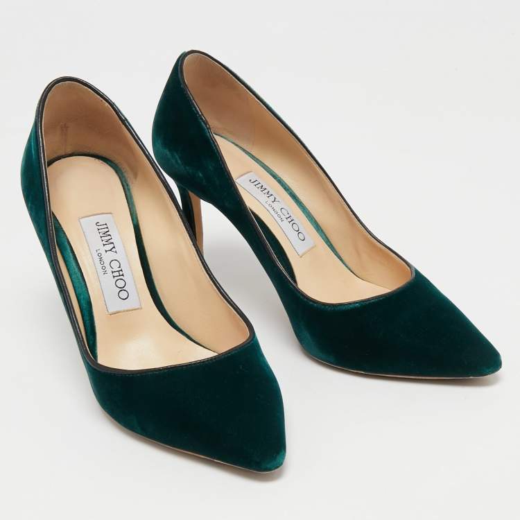Pre Owned Jimmy Choo Dark Green Velvet Romy Pumps Size 35.5