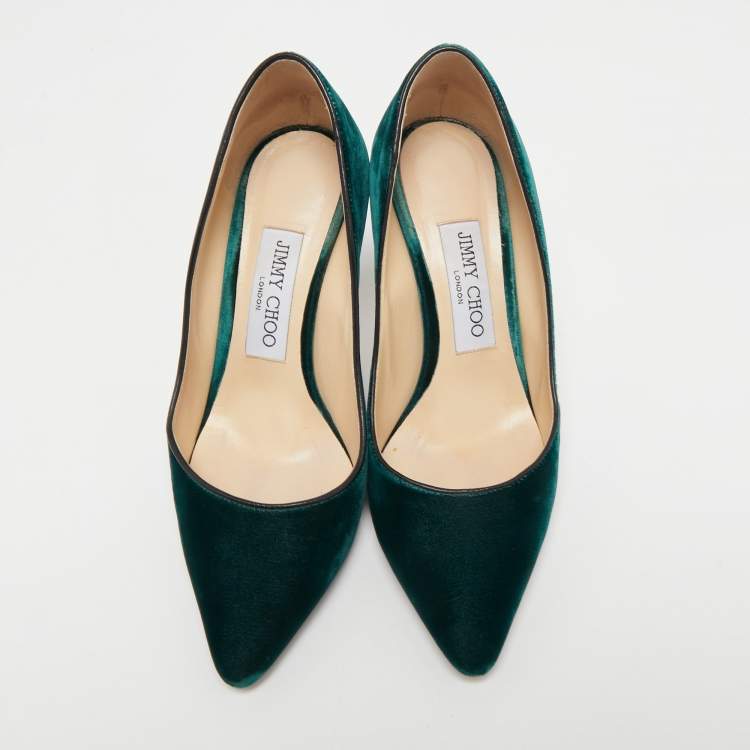 Pre Owned Jimmy Choo Dark Green Velvet Romy Pumps Size 35.5