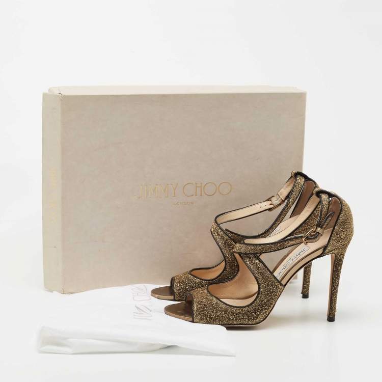 Pre Owned Jimmy Choo Metallic Gold Lurex Fabric and Leather Ankle Strap Sandals Size 38