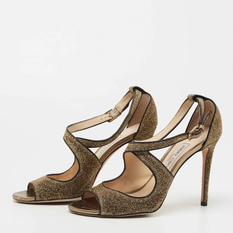 Pre Owned Jimmy Choo Metallic Gold Lurex Fabric and Leather Ankle Strap Sandals Size 38