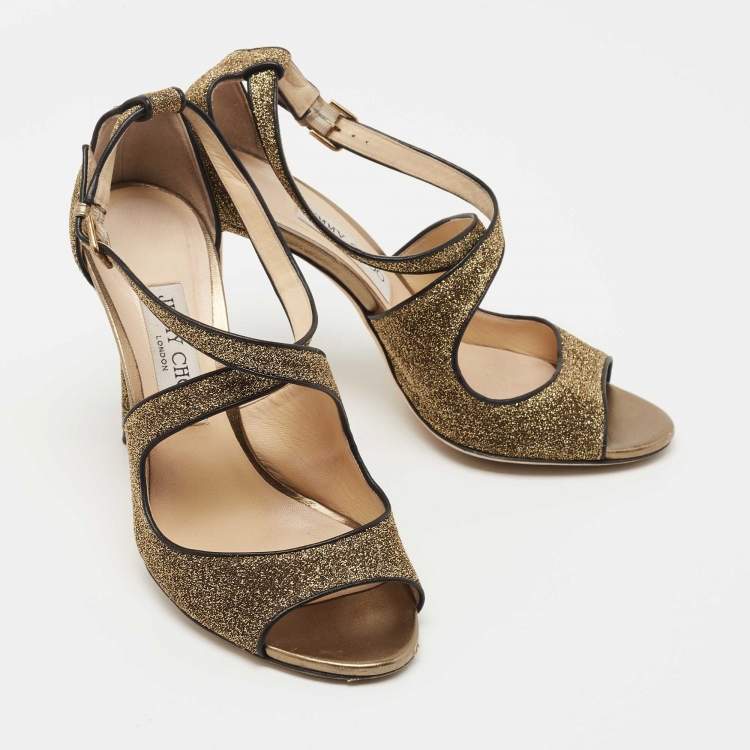 Pre Owned Jimmy Choo Metallic Gold Lurex Fabric and Leather Ankle Strap Sandals Size 38