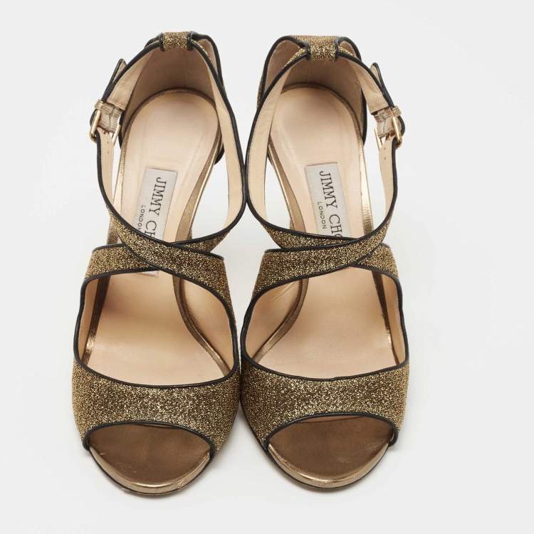 Pre Owned Jimmy Choo Metallic Gold Lurex Fabric and Leather Ankle Strap Sandals Size 38