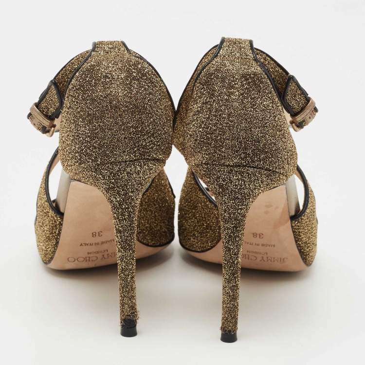 Pre Owned Jimmy Choo Metallic Gold Lurex Fabric and Leather Ankle Strap Sandals Size 38