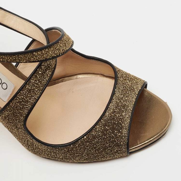 Pre Owned Jimmy Choo Metallic Gold Lurex Fabric and Leather Ankle Strap Sandals Size 38