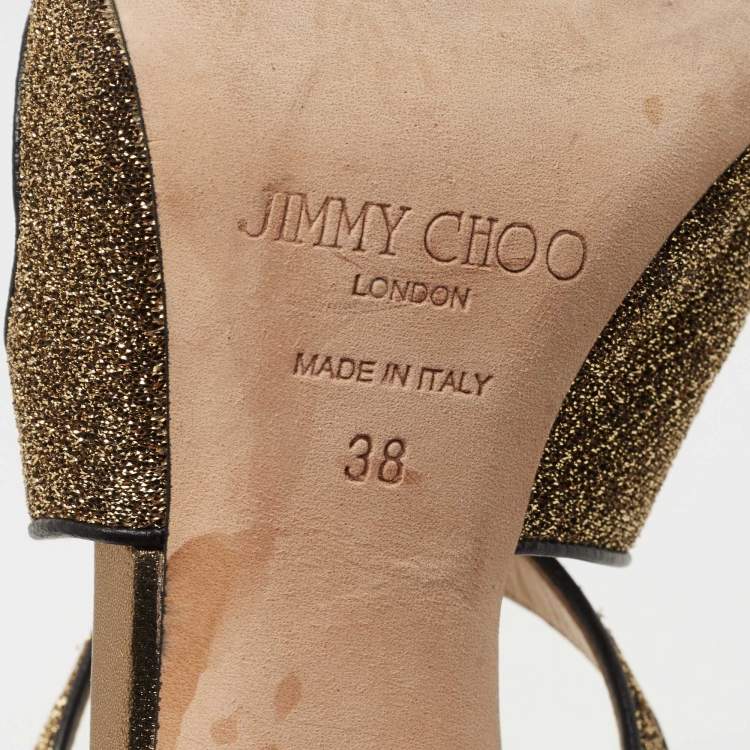 Pre Owned Jimmy Choo Metallic Gold Lurex Fabric and Leather Ankle Strap Sandals Size 38
