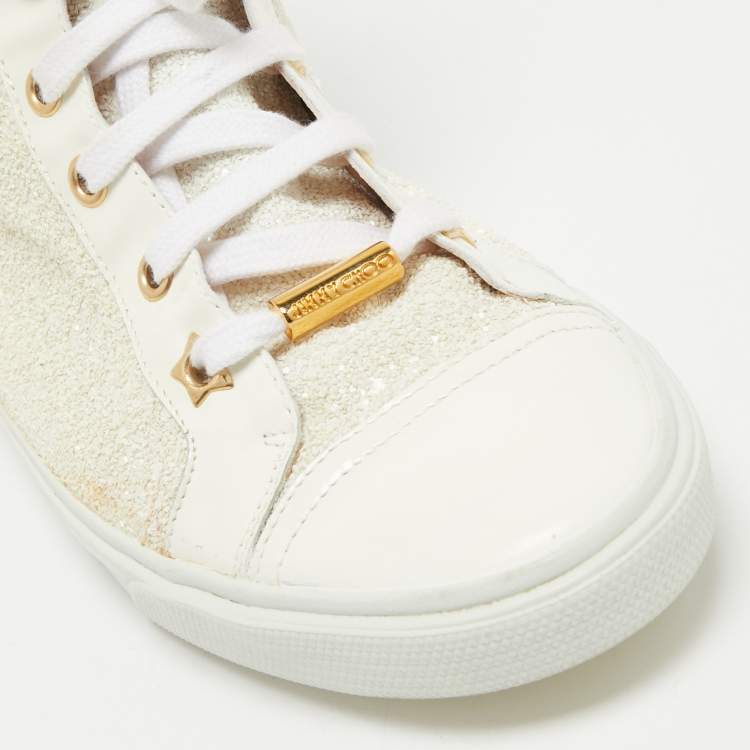 Pre Owned Jimmy Choo Off White Patent Leather and Coarse Glitter High Top Sneakers Size 39.5
