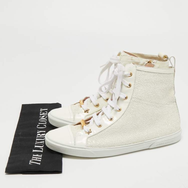Pre Owned Jimmy Choo Off White Patent Leather and Coarse Glitter High Top Sneakers Size 39.5