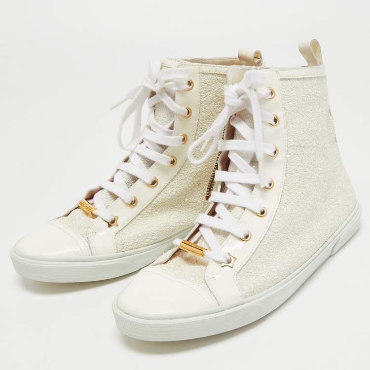 Pre Owned Jimmy Choo Off White Patent Leather and Coarse Glitter High Top Sneakers Size 39.5