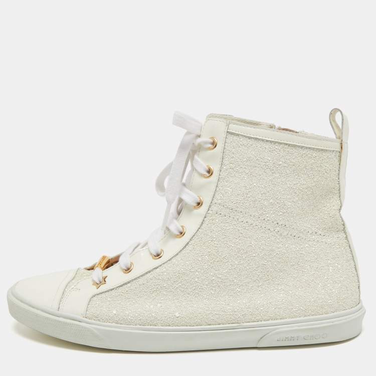 Pre Owned Jimmy Choo Off White Patent Leather and Coarse Glitter High Top Sneakers Size 39.5