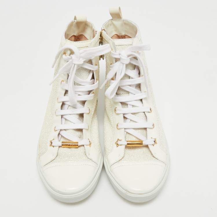 Pre Owned Jimmy Choo Off White Patent Leather and Coarse Glitter High Top Sneakers Size 39.5