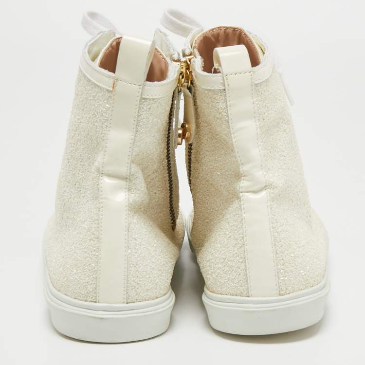 Pre Owned Jimmy Choo Off White Patent Leather and Coarse Glitter High Top Sneakers Size 39.5