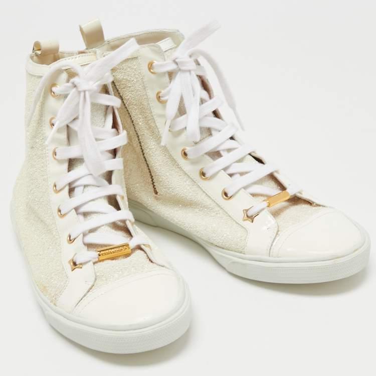 Pre Owned Jimmy Choo Off White Patent Leather and Coarse Glitter High Top Sneakers Size 39.5