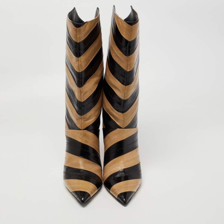 Pre Owned Jimmy Choo Black/Tan Striped Eel Beren Booties Size 43