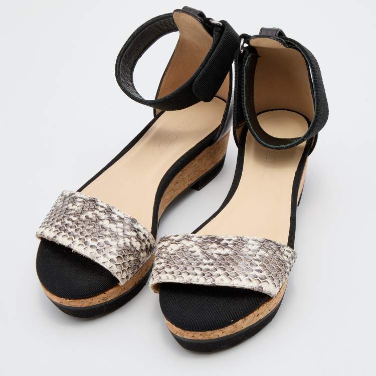 Pre Owned Jimmy Choo Black/Grey Snakeskin Leather Platform Ankle Strap Sandals Size 36