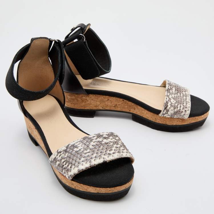 Pre Owned Jimmy Choo Black/Grey Snakeskin Leather Platform Ankle Strap Sandals Size 36