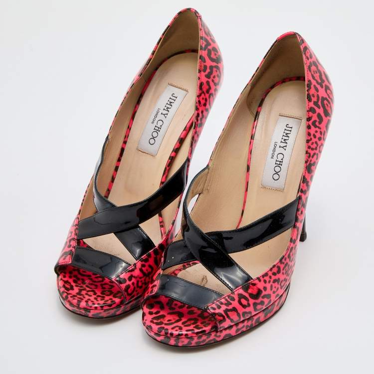 Pre Owned Jimmy Choo Pink Leopard Print Patent Leather Open Toe Pumps Size 39