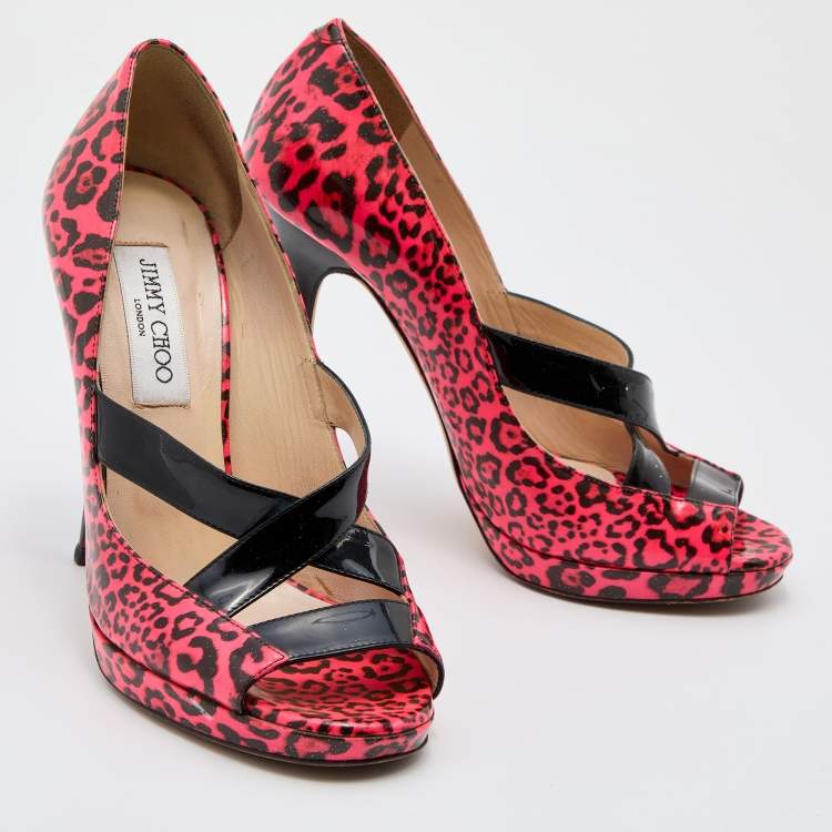 Pre Owned Jimmy Choo Pink Leopard Print Patent Leather Open Toe Pumps Size 39