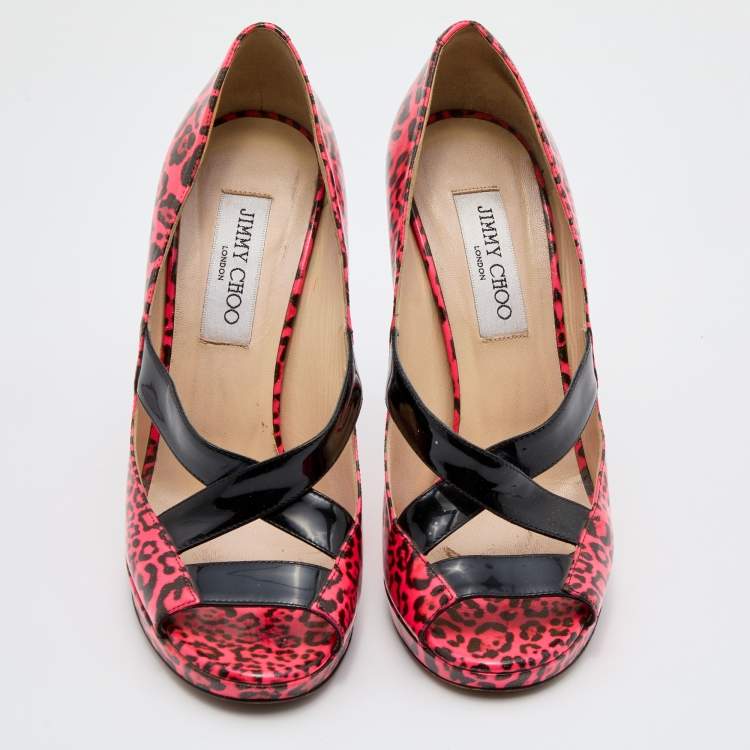 Pre Owned Jimmy Choo Pink Leopard Print Patent Leather Open Toe Pumps Size 39