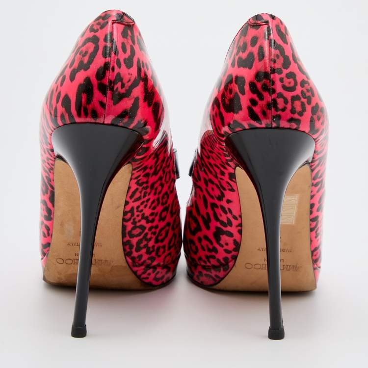 Pre Owned Jimmy Choo Pink Leopard Print Patent Leather Open Toe Pumps Size 39