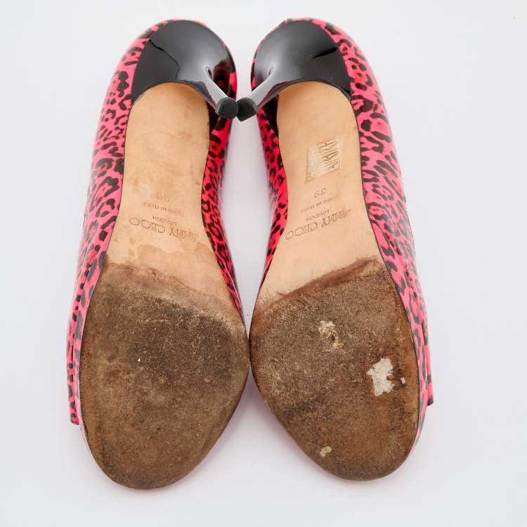 Pre Owned Jimmy Choo Pink Leopard Print Patent Leather Open Toe Pumps Size 39