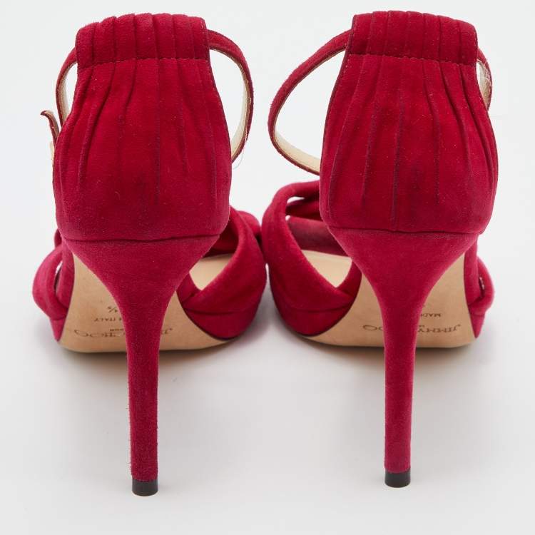 Pre Owned Jimmy Choo Magenta Pink Suede Criss Cross Ankle Strap Sandals Size 36.5