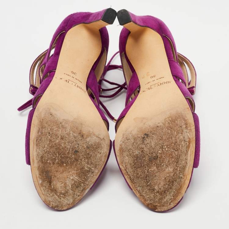 Pre Owned Jimmy Choo Purple Suede Hitch Ankle Tie Sandals Size 36