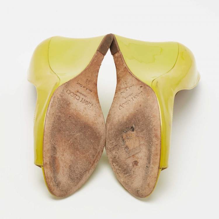 Pre Owned Jimmy Choo Yellow Patent Leather Bello Peep Toe Wedge Pumps Size 38