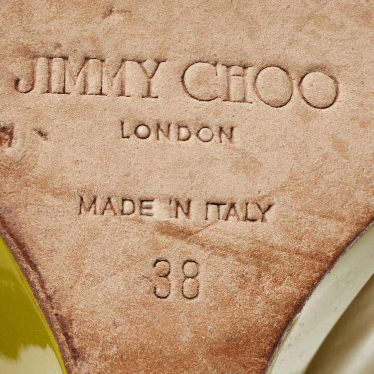Pre Owned Jimmy Choo Yellow Patent Leather Bello Peep Toe Wedge Pumps Size 38
