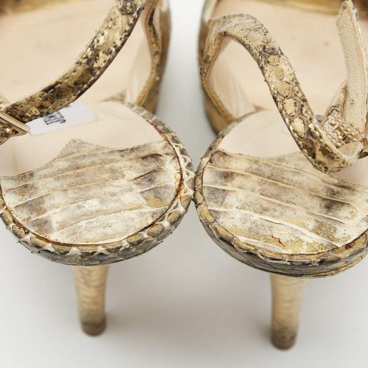Pre Owned Jimmy Choo Gold Python Embossed Leather Peep Toe Platform Nova Slingback Pumps Size 35.5