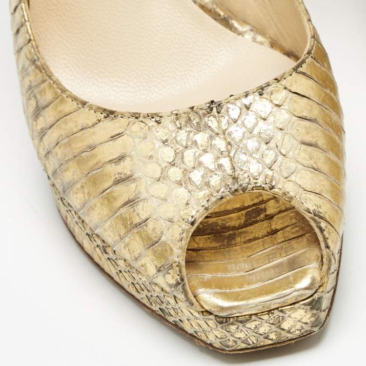 Pre Owned Jimmy Choo Gold Python Embossed Leather Peep Toe Platform Nova Slingback Pumps Size 35.5