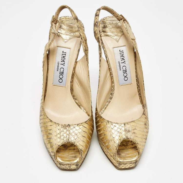 Pre Owned Jimmy Choo Gold Python Embossed Leather Peep Toe Platform Nova Slingback Pumps Size 35.5
