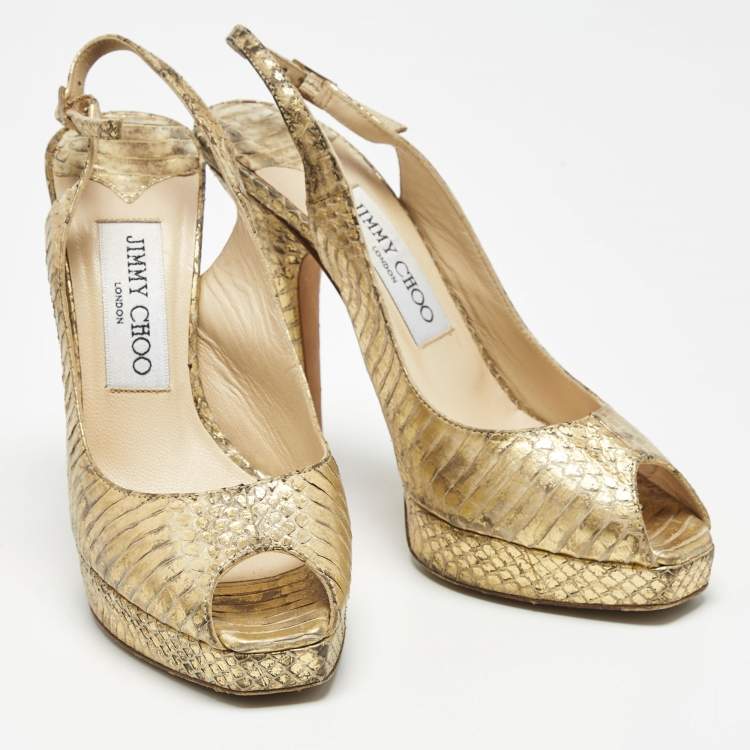 Pre Owned Jimmy Choo Gold Python Embossed Leather Peep Toe Platform Nova Slingback Pumps Size 35.5