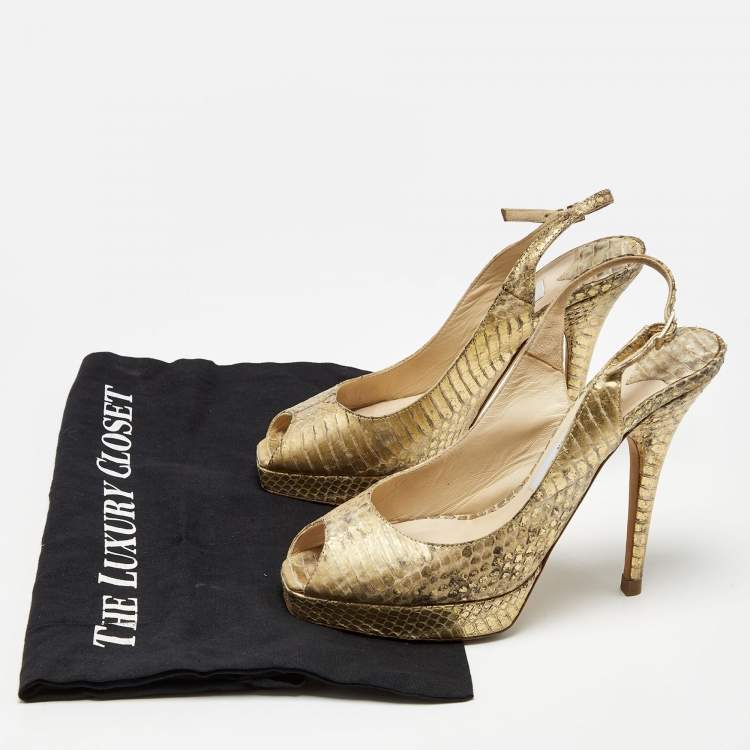 Pre Owned Jimmy Choo Gold Python Embossed Leather Peep Toe Platform Nova Slingback Pumps Size 35.5