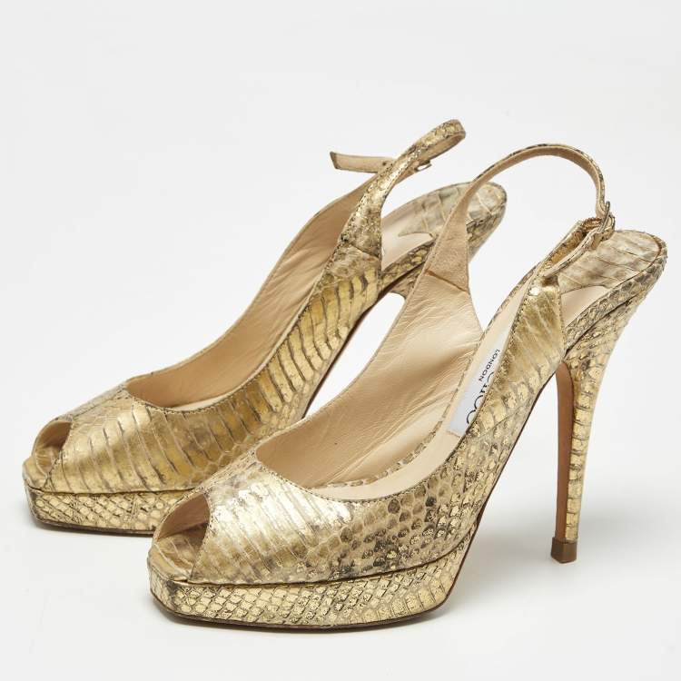 Pre Owned Jimmy Choo Gold Python Embossed Leather Peep Toe Platform Nova Slingback Pumps Size 35.5