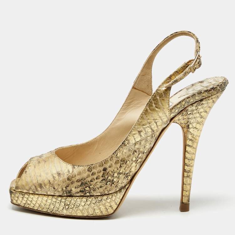 Pre Owned Jimmy Choo Gold Python Embossed Leather Peep Toe Platform Nova Slingback Pumps Size 35.5